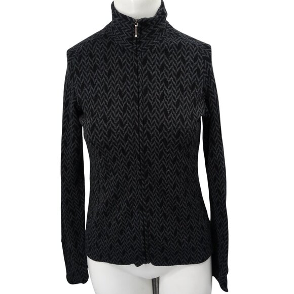 Ibex Merino Wool Full Zip Chevron Cardigan Mock Neck Sweater Size XS Black Gray - Picture 1 of 13